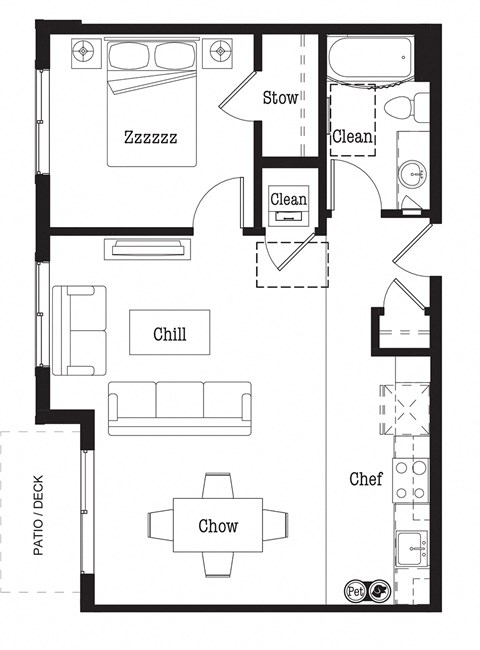 Floor plan for 1 bed, 1 bath, 714 sqft